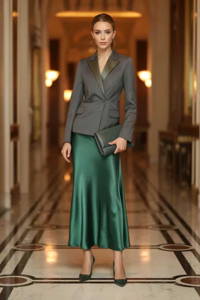Premium Blazer with Long Satin Skirt