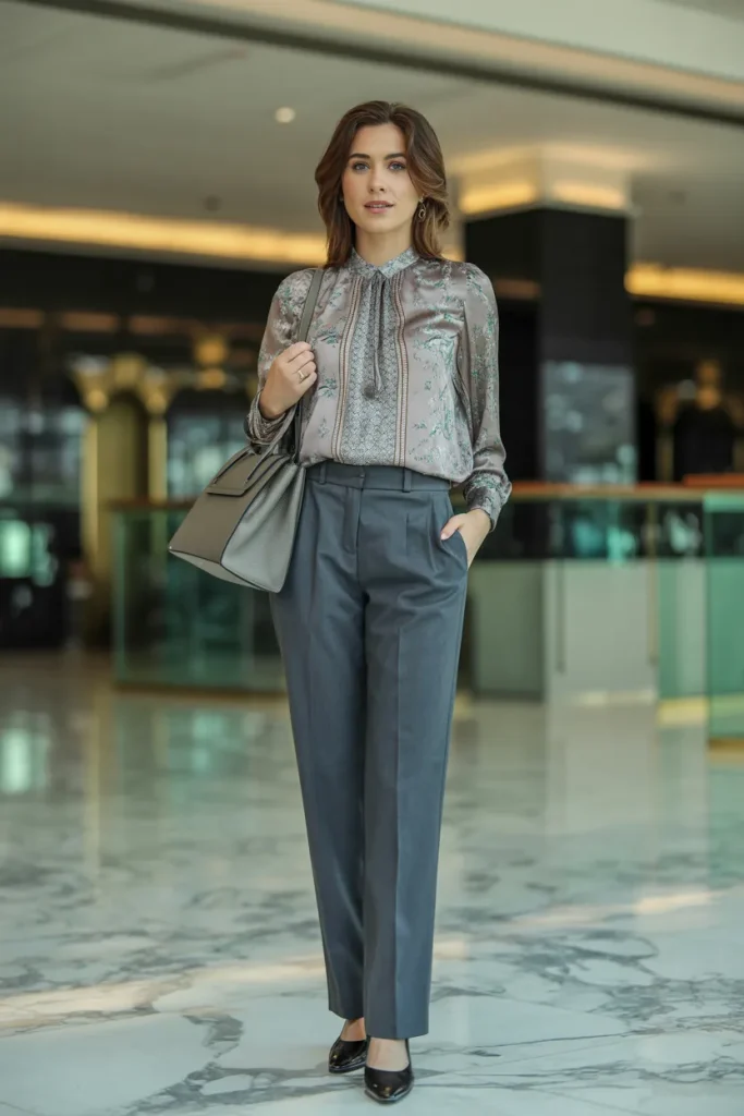 Printed Blouse Over Tailored Suit Pant