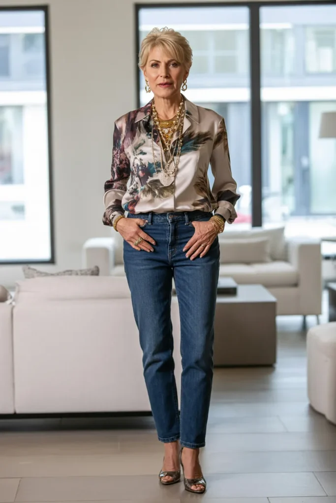 Printed Blouse with Jeans and Elegant Jewelry