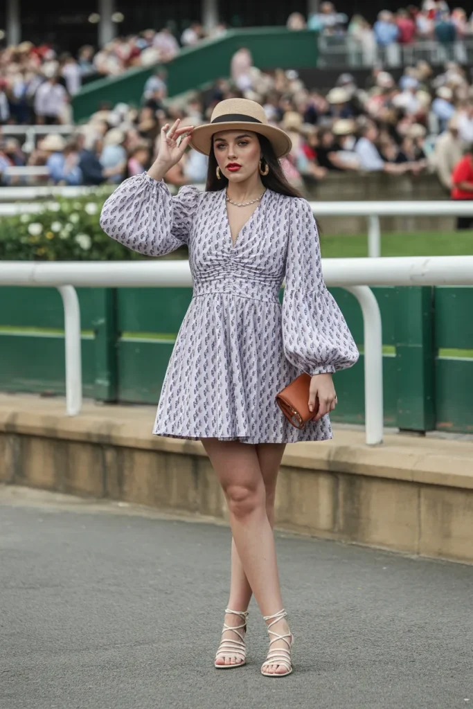 Printed Mini Dress with Balloon Sleeves and Strappy Sandals