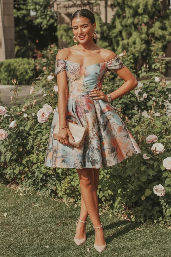 Printed Off Shoulder Fit and Flare Dress with Ankle Heels