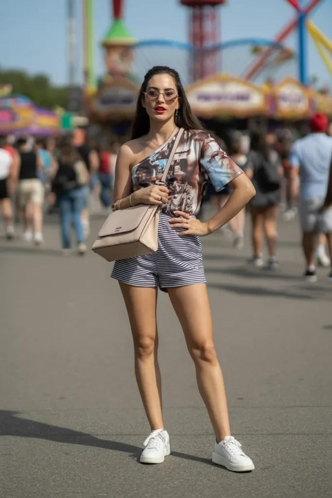 Printed One Shoulder T shirt with Stripe Shorts