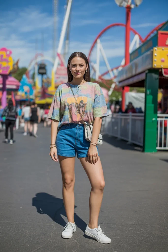 Printed Oversized T shirt with Denim Shorts and Sneakers