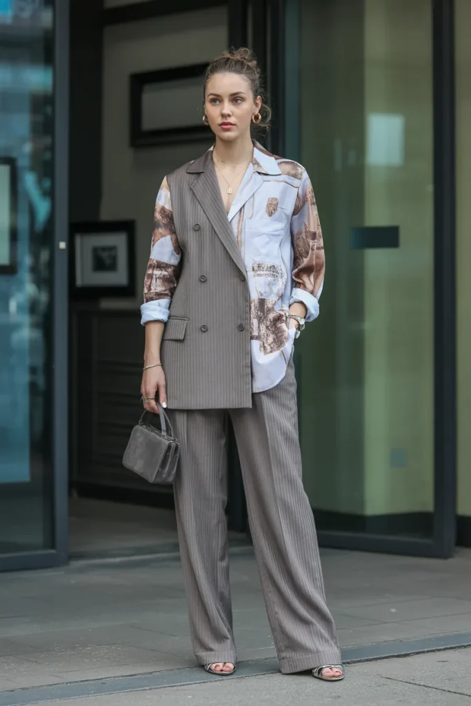Printed Shirt Over Double Breasted Tailored Pant Suit