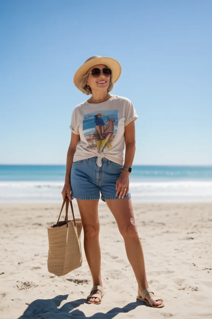 Printed T Shirt with Denim Shorts and Beach Hat