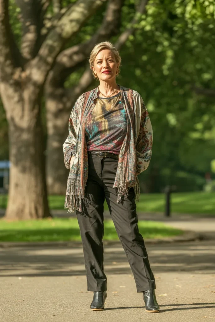 Printed T Shirt with Trousers Over a Boho Style Jacket