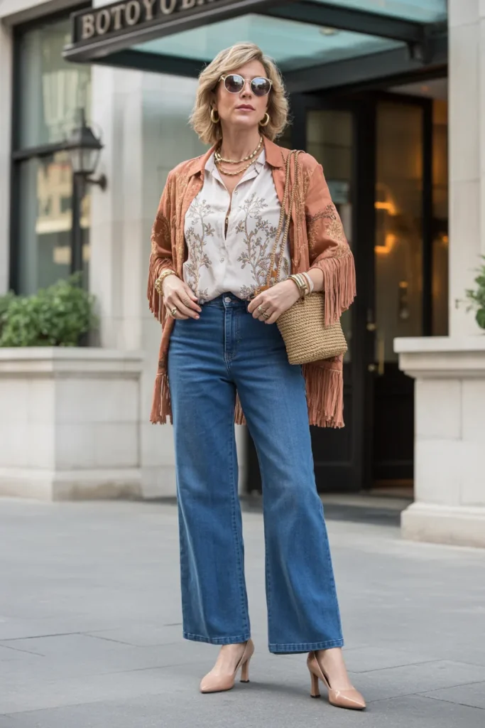 Printed T Shirt with Wide Leg Jeans Over a Boho Style Jacket and Pumps