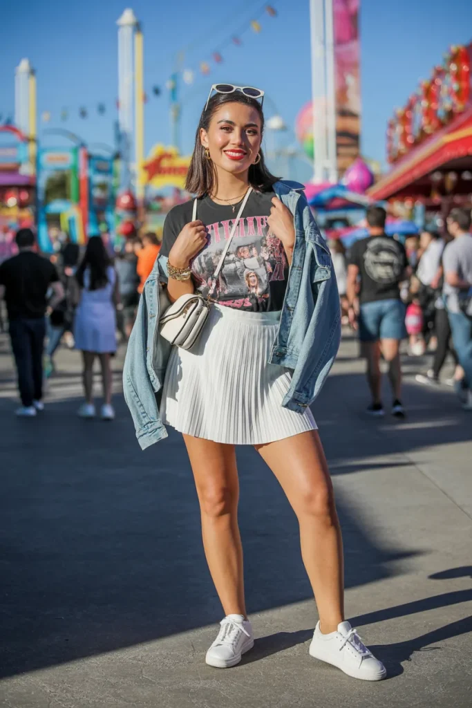Printed T shirt with Tennis Skirt and Sneakers with Denim Jacket