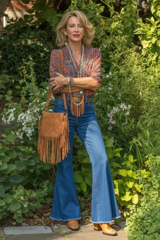 Printed Top with Flare Jeans and Boho Style Fringe