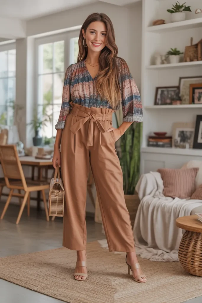 Printed Top with Paper Bag Pant