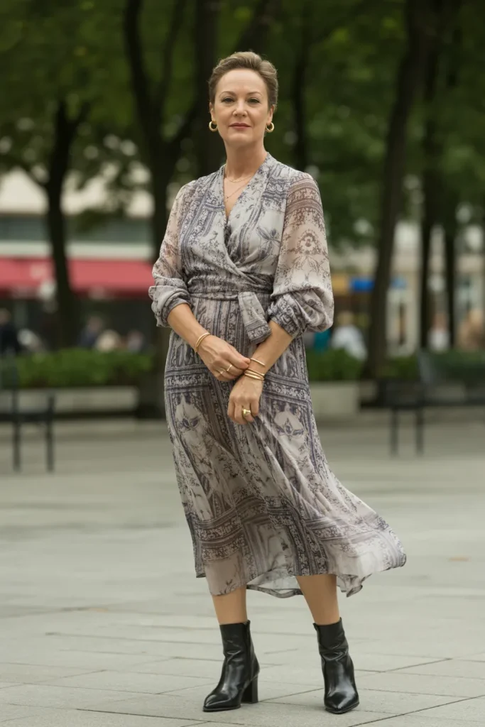 Printed Wrap Dress with Ankle Boots