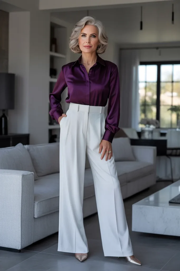 Purple Blouse with White Leg Trouser