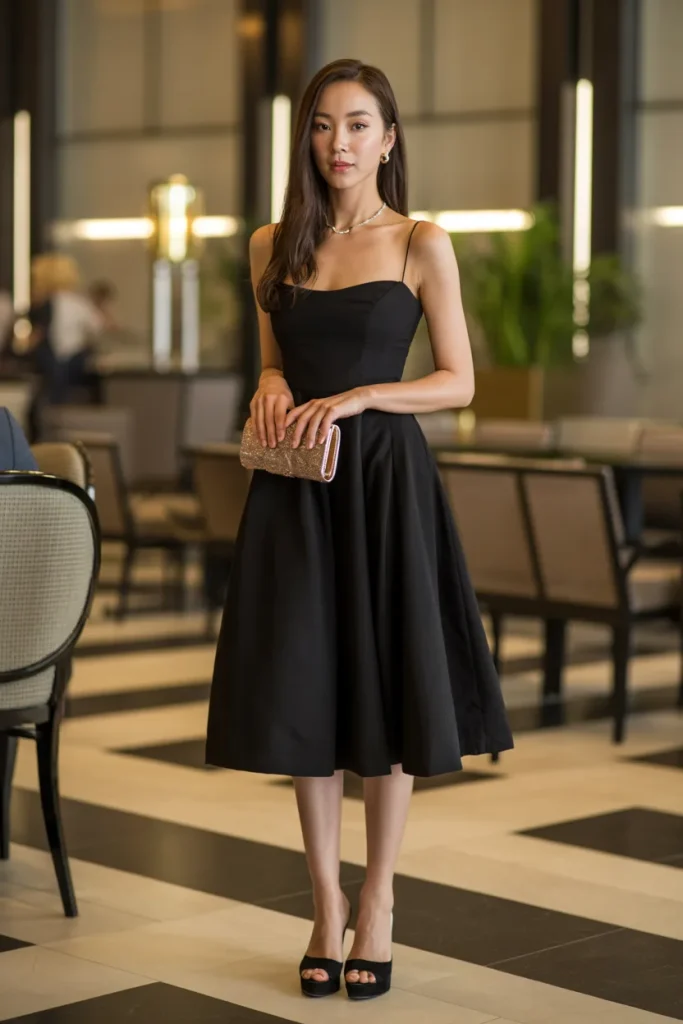 Queen Neck Midi Black Dress with Clutch and Open Toe Platform