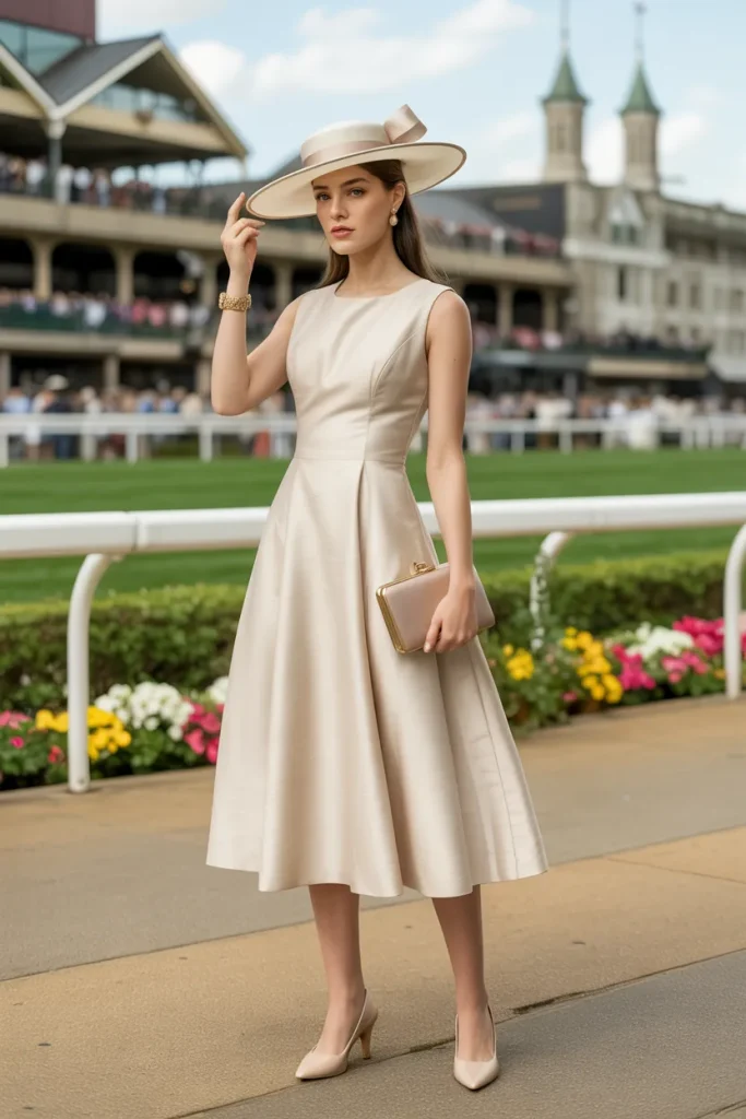 Queen Neck Midi Dress with Pumps and Derby Style Hat