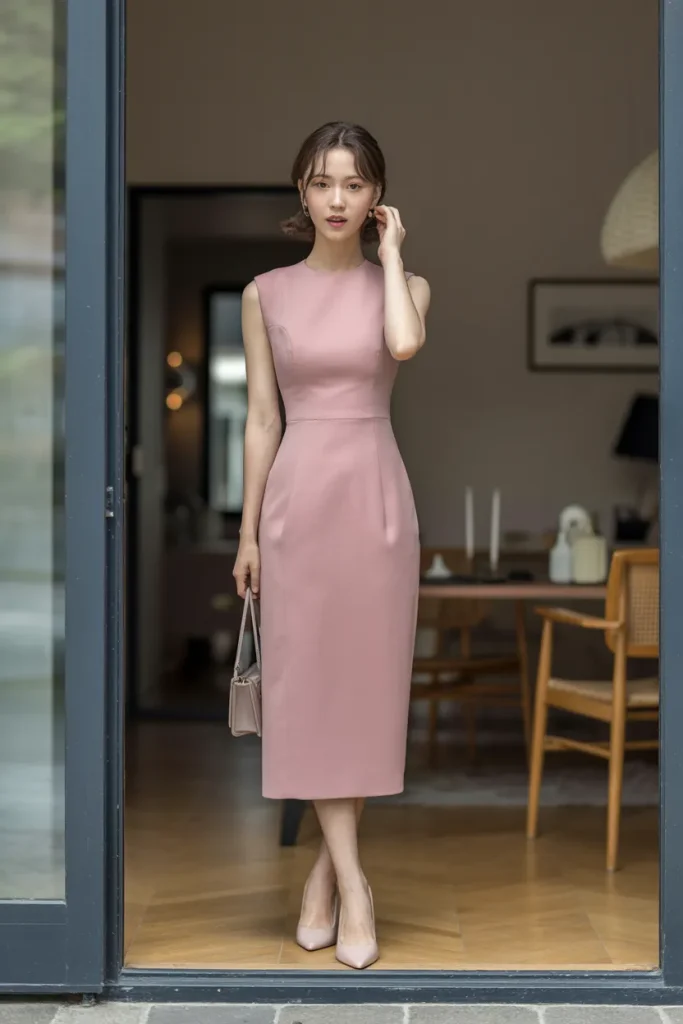 Queen Neck Midi Sheath Dress with Pumps