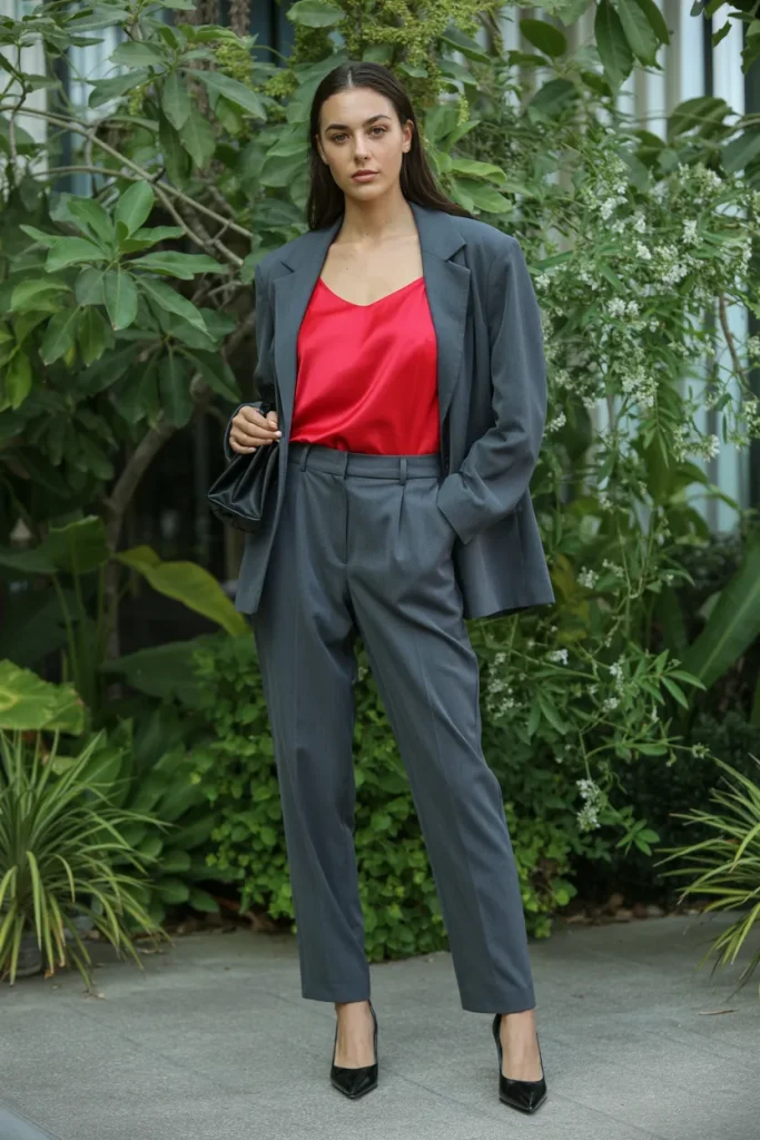 Red Cami Top with Trendy Suit Pant and Mini Handbag