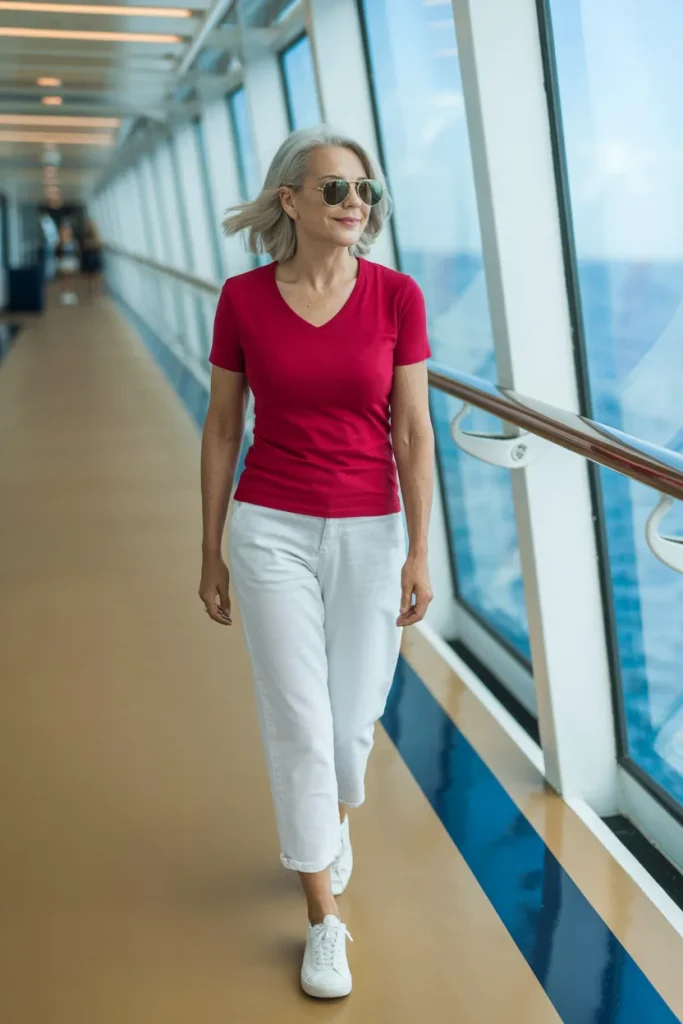 Red V Neck T Shirt with White Ankle Jeans and Sneakers