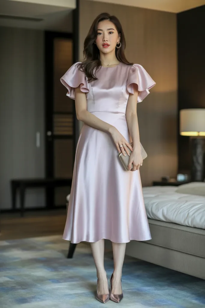 Ruffle Sleeve Midi Satin Dress with Pumps