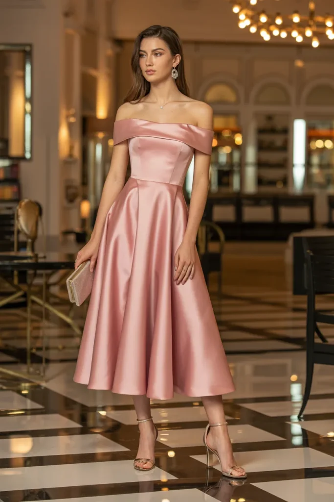 Satin Off Shoulder Drop Waist Fit and Flare Dress with Ankle Heels