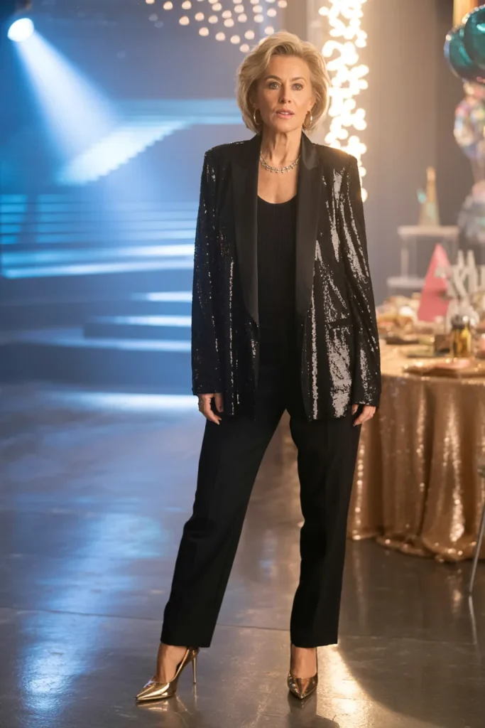 Sequin Shiny Collarless Blazer with All Black Outfit