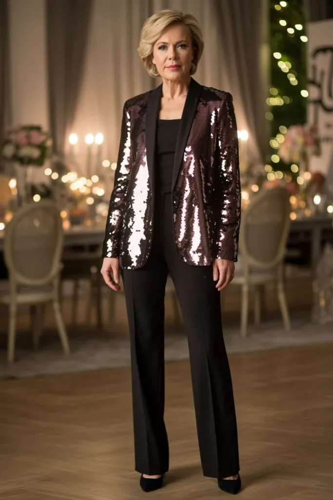 Sequin Shiny Collarless Blazer with Black Top and Pants