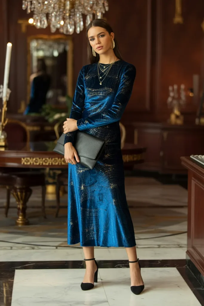 Shiny Velvet Web Dress with Ankle Heels