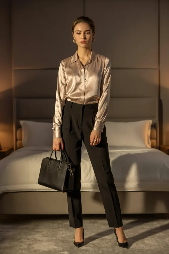 Silk Blouse Over Black Suit Pant with Pumps and Office Wear Bag