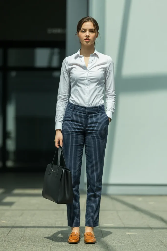 Slim Fit White Shirt with Stripe Suit Pant and Loafers