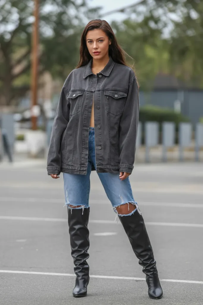Sport Jacket and Distressed Jeans with Knee High Boots