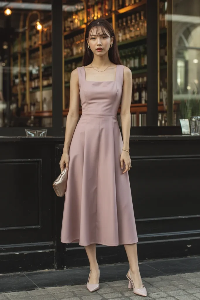 Square Neck Midi Dress with Sling Back Heels