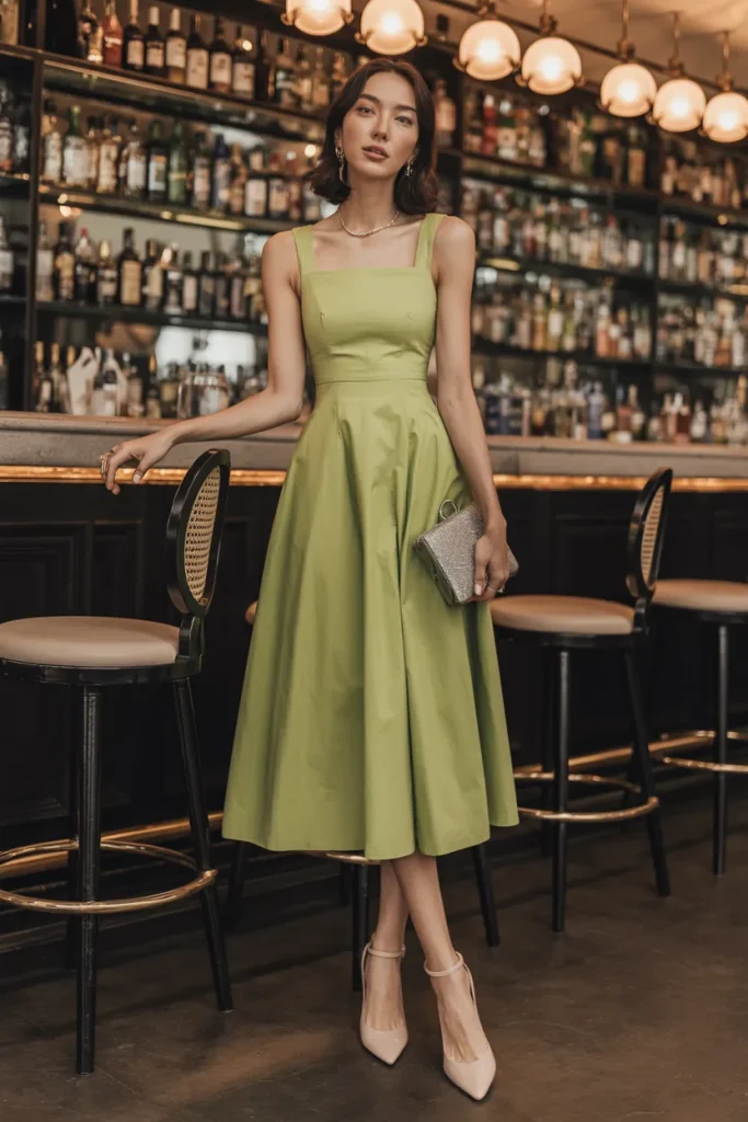 Square Neck Midi Drop Waisted Dress with Ankle Pumps
