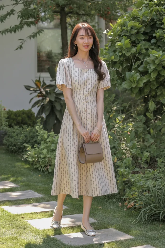 Square Neck Midi Printed Dress with Flats