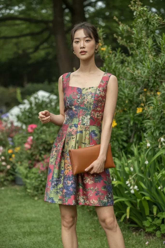 Square Neck Mini Printed Dress with Clutch