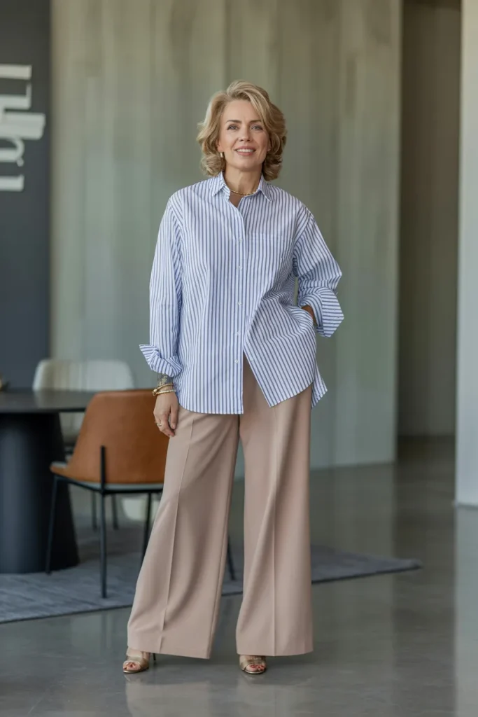 Stripe Button Down Shirt with Wide Leg Trousers