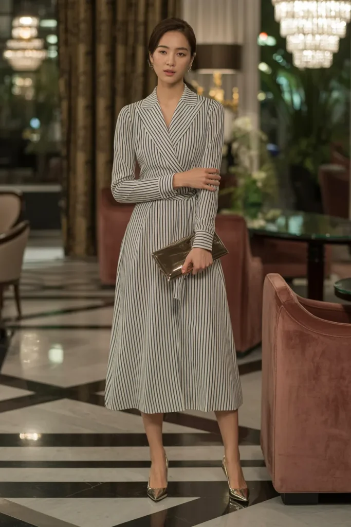 Stripe Midi Wrap Dress with Pumps and Clutch