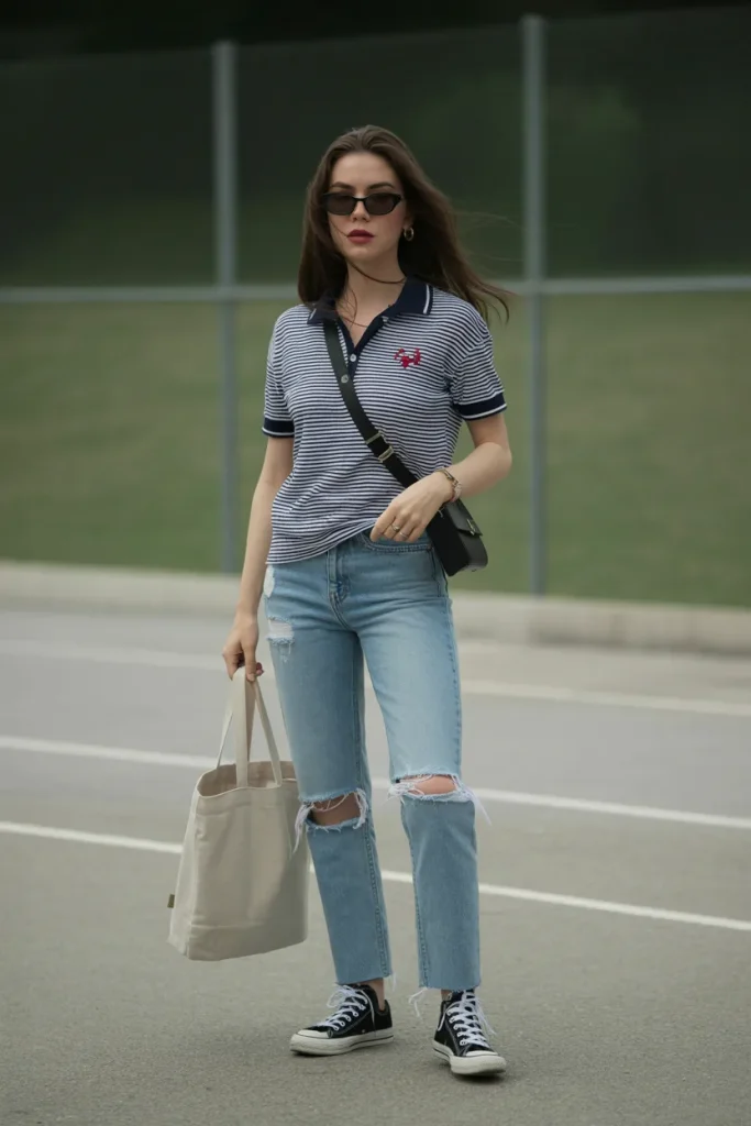 Stripe Polo Jersey with Distressed Jeans