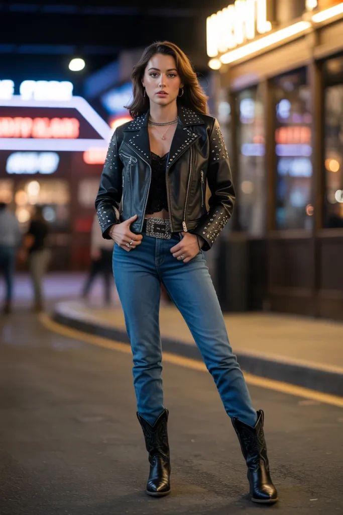 Studded Leather Jacket and Jeans