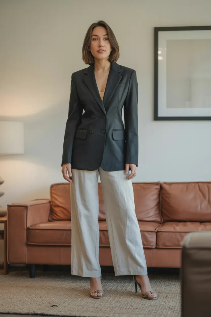 Styled Black Blazer with Straight Line Linen Pants