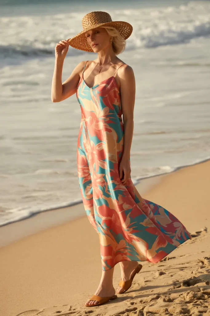 Thin Strap Long Printed Dress and Beachwear Hat
