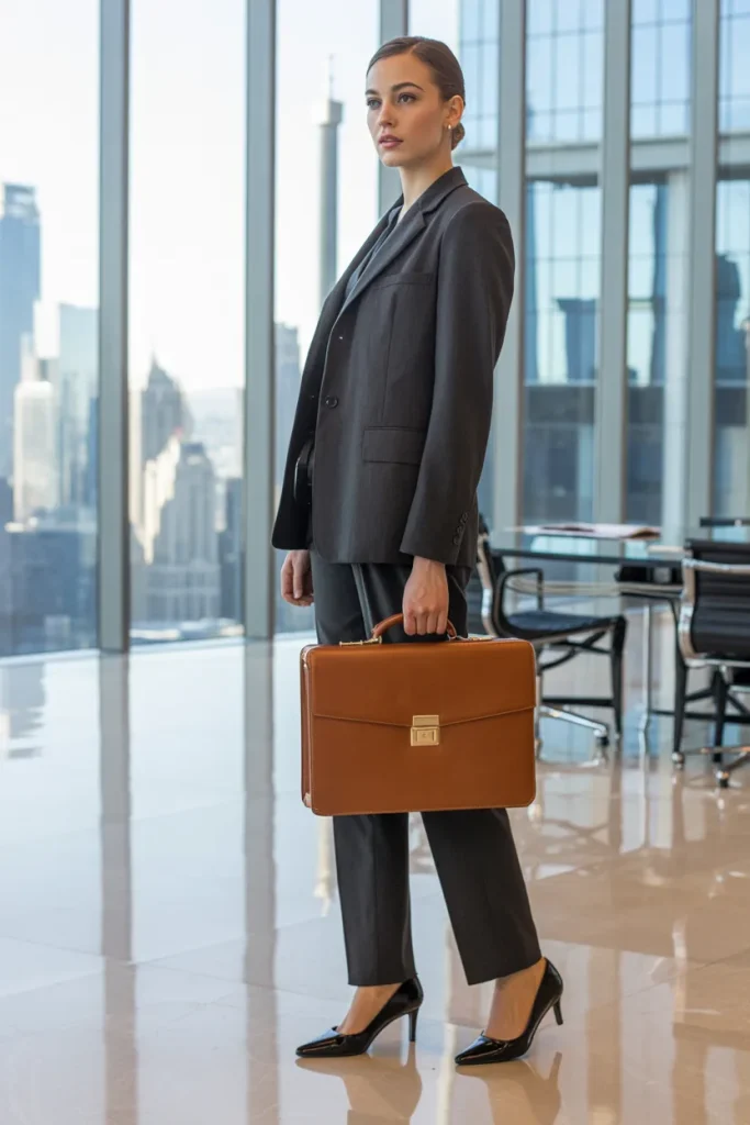 Three Piece Suit Pant with Pumps and Office Wear Bag