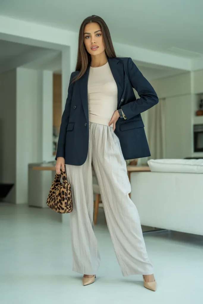 Top Over Blazer with Linen Pants and Animal Print Handbag