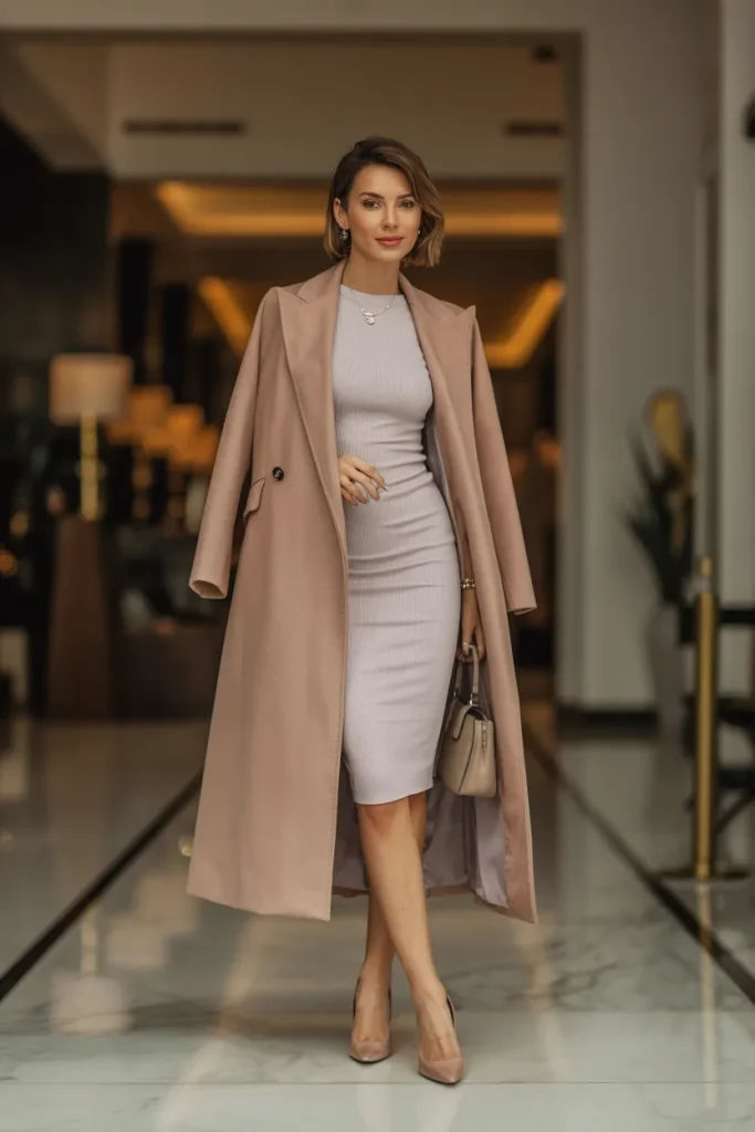 Trendy Skinny Dress Over Premium Coat and Pumps
