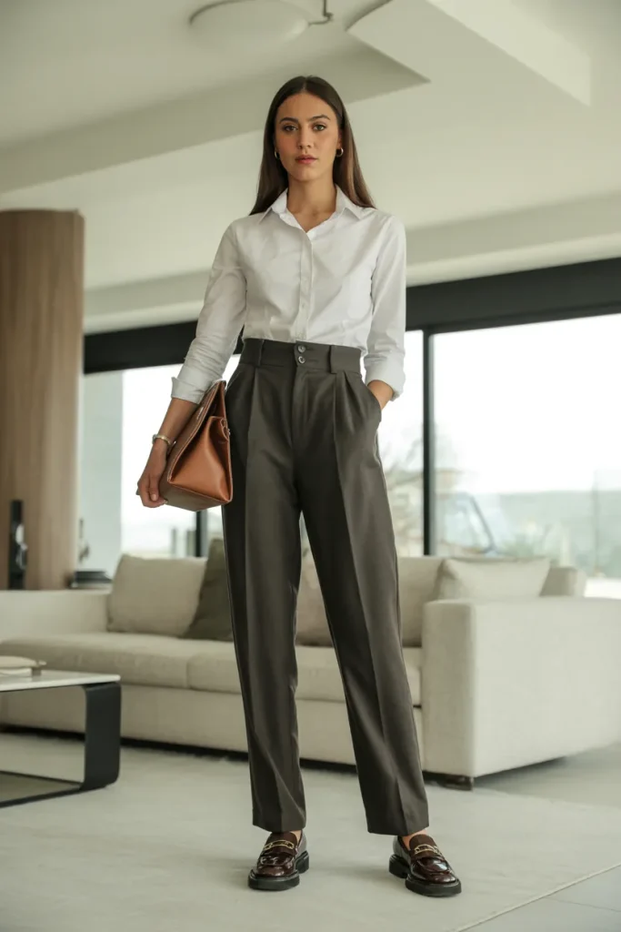 Trendy White Shirt Over Single Breasted Suit Pant with Loafers