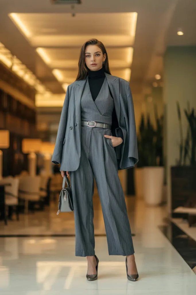 Turtle Neck Jumpsuit Over Blazer