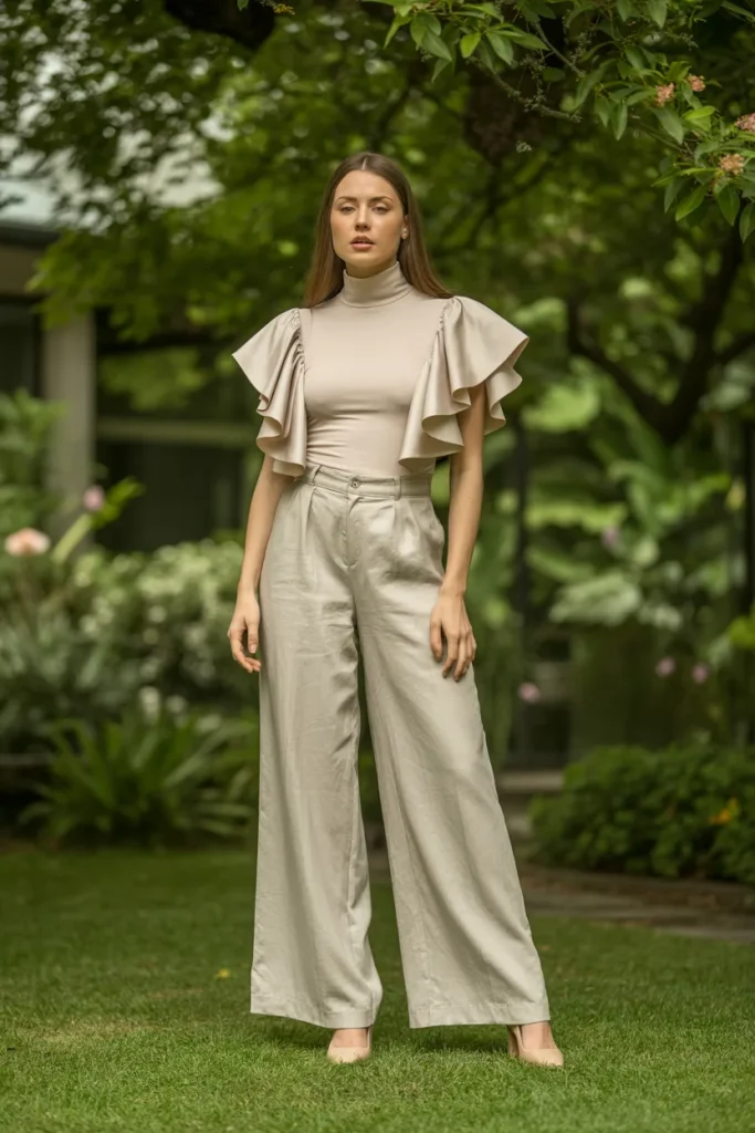 Turtle Neck Ruffle Sleeves and Linen Pants