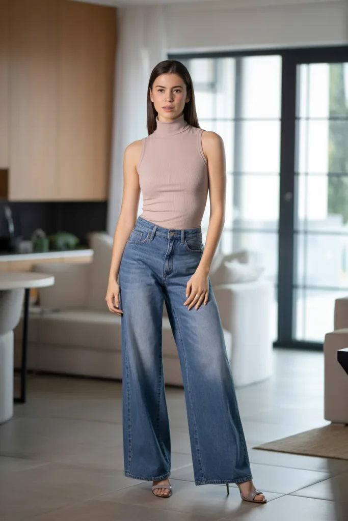 Turtle Neck Sleeveless Top with Wide Leg Jeans