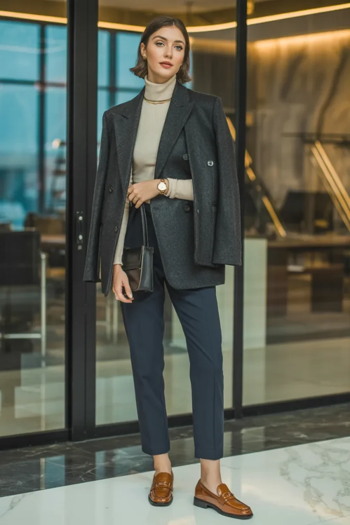 Turtle Neck Sweater Over Premium Blazer with Trouser and Loafers