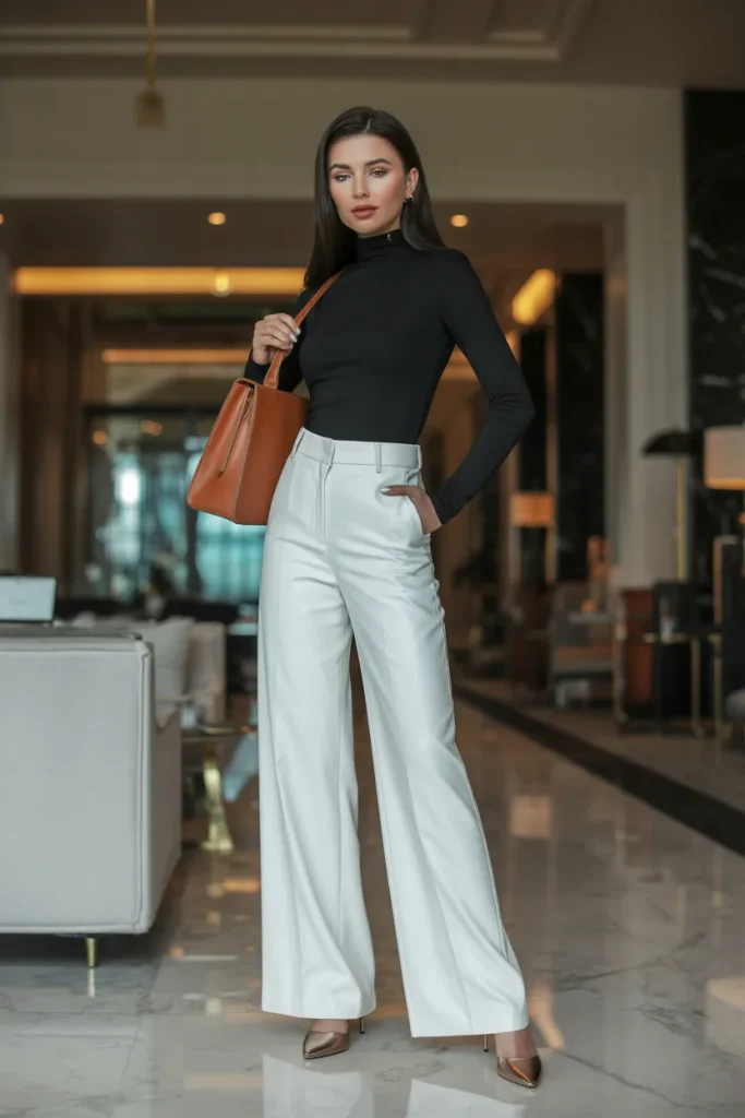 Turtle Neck Top with White Leg Trousers and Leather Bag