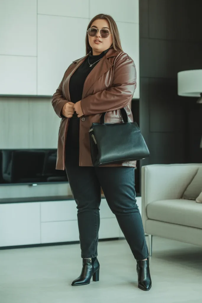Turtleneck T Shirt with Leather Jacket and Ankle Boots