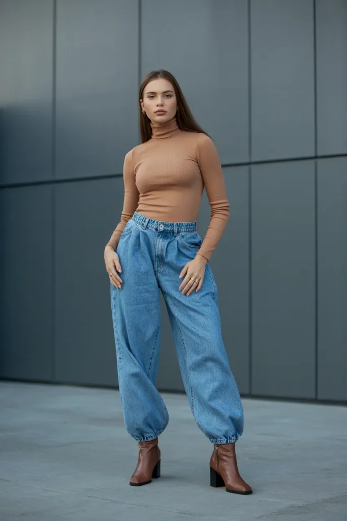 Turtleneck with Baggy Jeans and Heel Boots